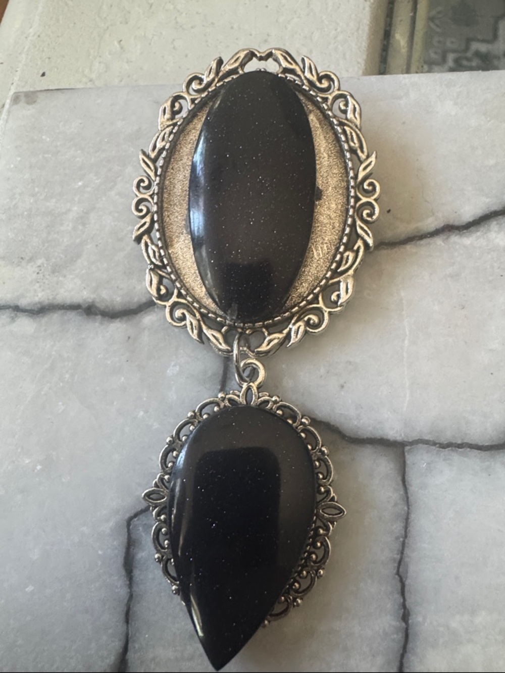 Vintage-Inspired Blue Sandstone Drop Brooch